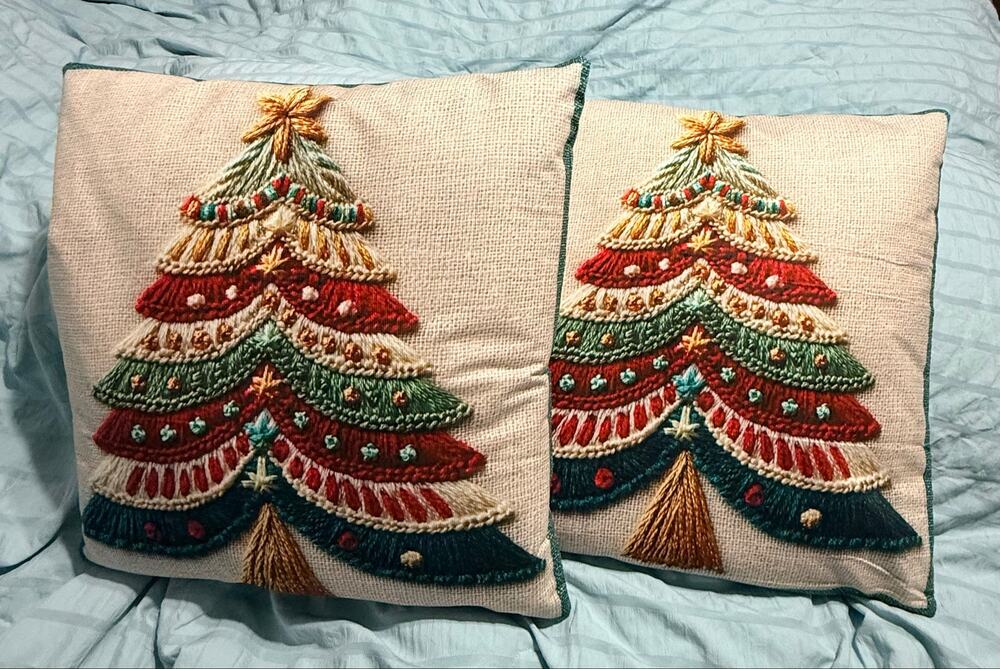 Pair New Christmas Tree Pillows Two sided none embroidered colorful pillows.